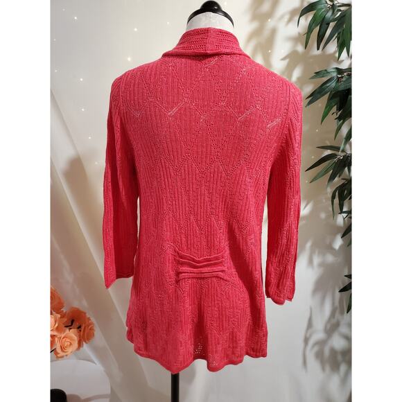 Nic + Zoe Linen Blend Open Pointelle Knit Cardigan Size L Semi Sheer Coral Pink - Picture 3 of 10